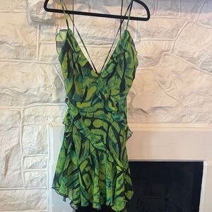 Topshop Green Patterned Ruffle Slip Dress